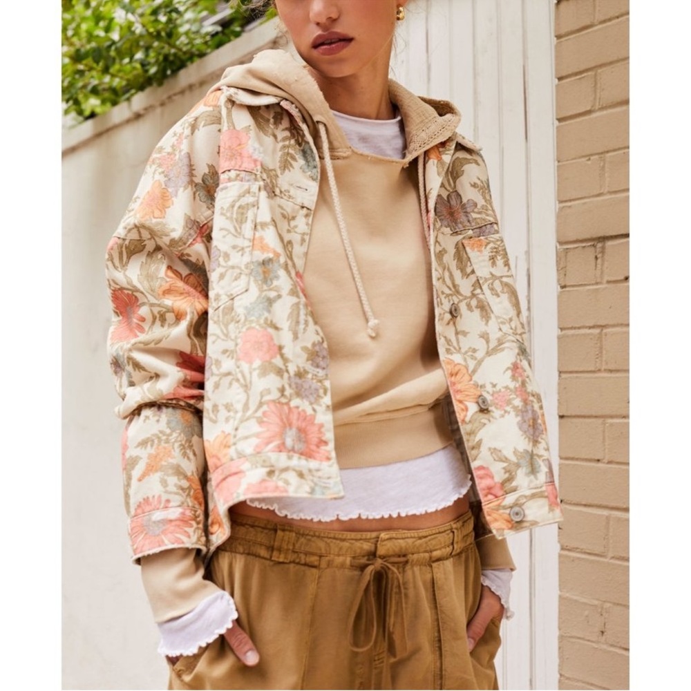 We The Free Floral Beige Jean Jacket